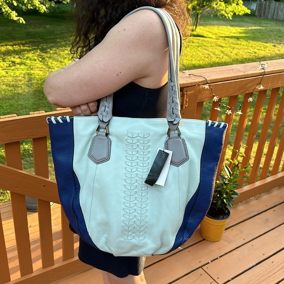 orYANY New Lyssie Braided Leather Tote Shopper Shoulder Handbag BLUE Navy - Picture 2 of 16